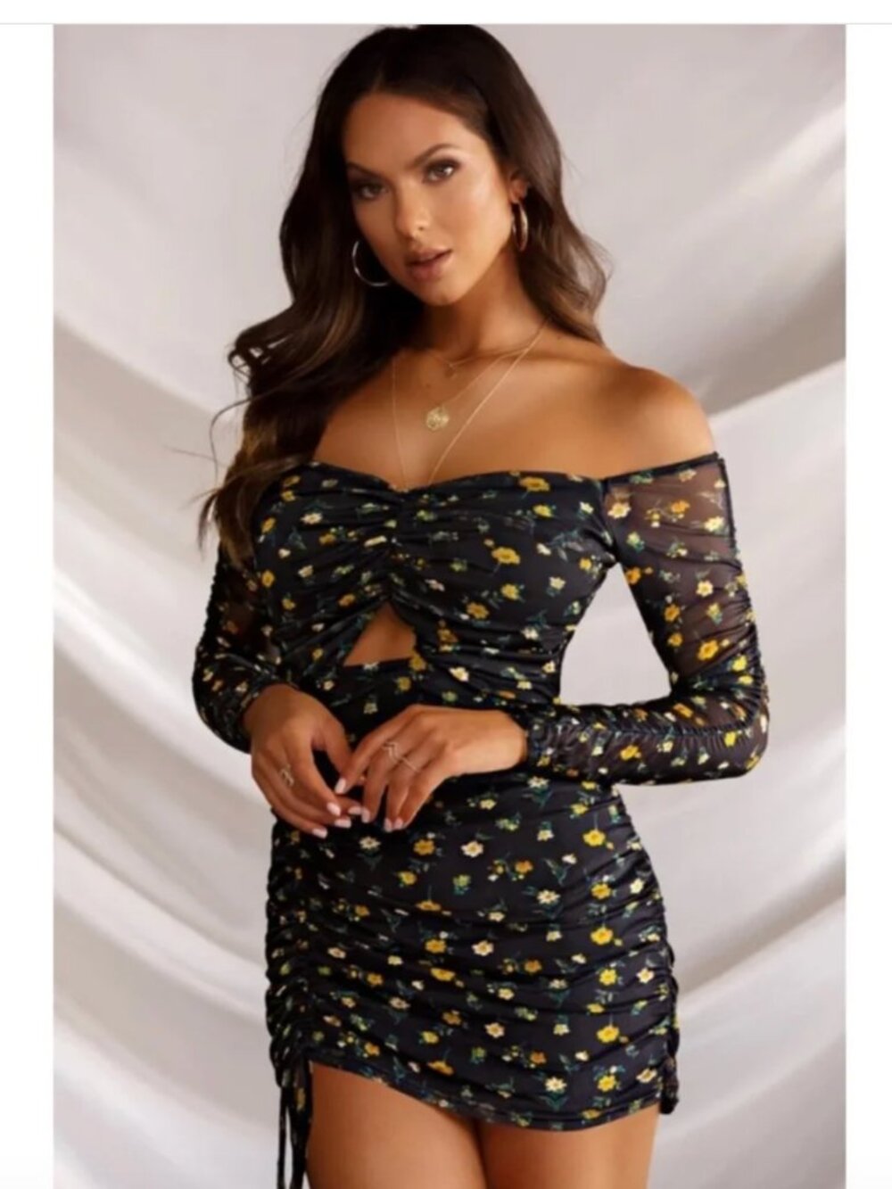 NWT {Wild Honey} Black Floral Off the Shoulder Cut Out Ruched Mini Dress - Small